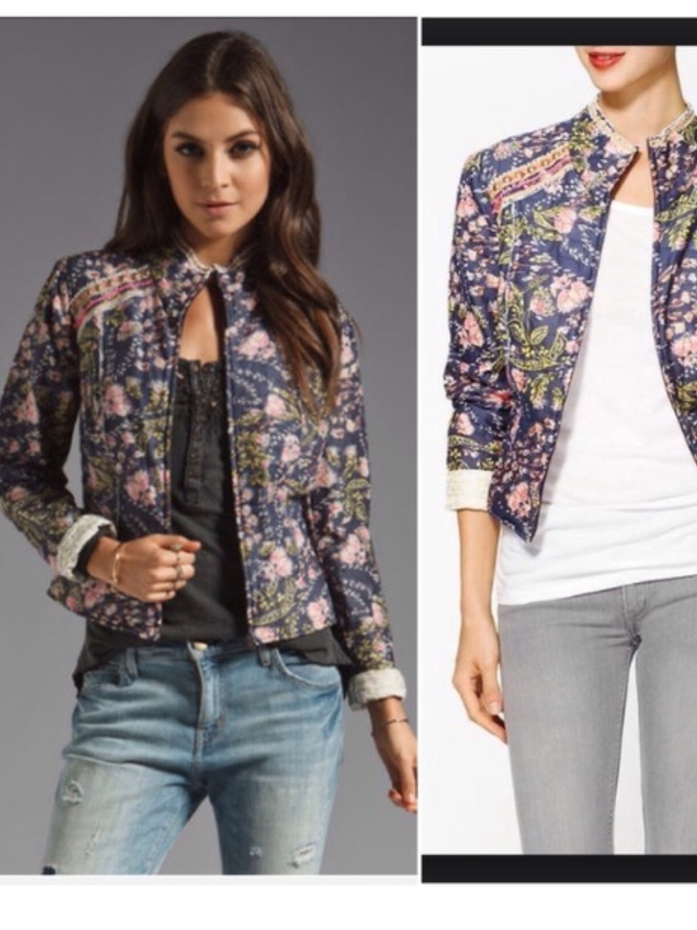 Free People Navy Floral Quilted Bomber Jacket